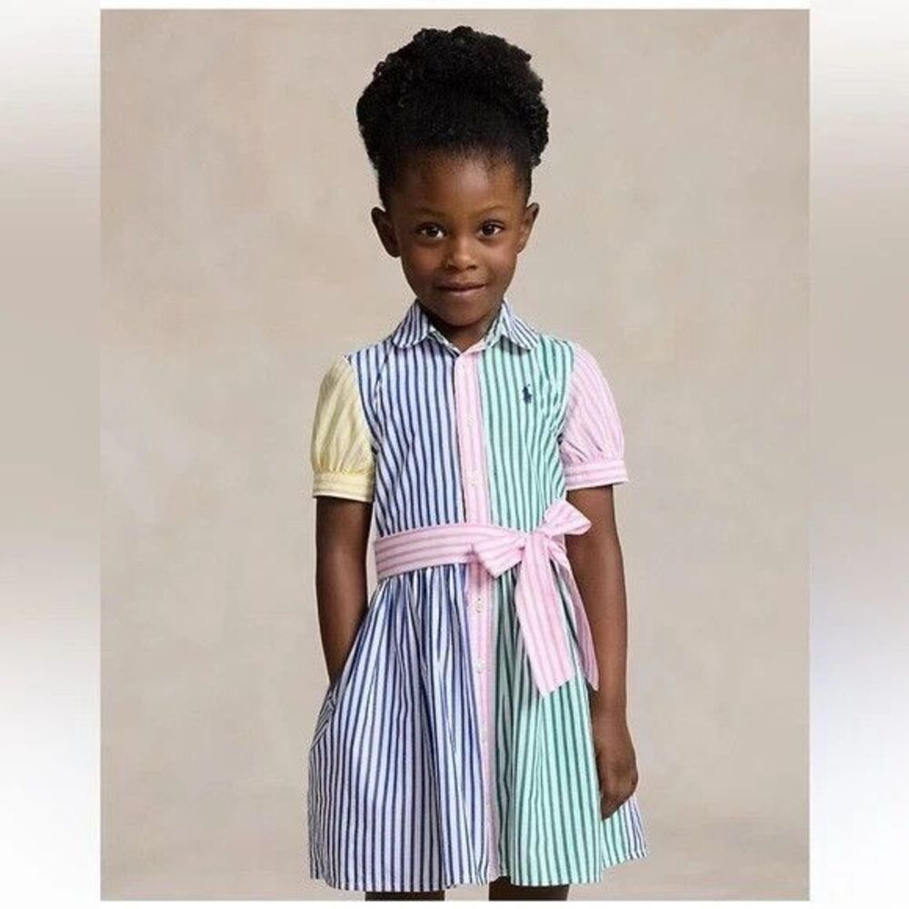 Polo Ralph Lauren Striped Color Block Pastel Girls Size 8 Shirt Dress w/Belt